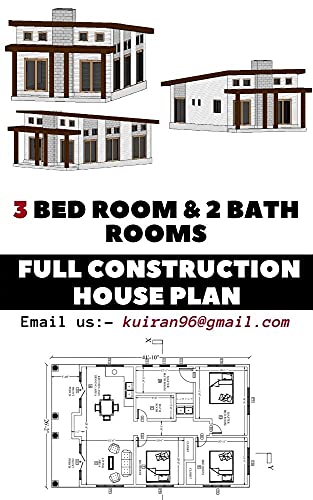 Modern Framhouse 3 Bed room & 2 bath room House Floor Building plans : FULL CONSTRUCTION DRAWING PLANS