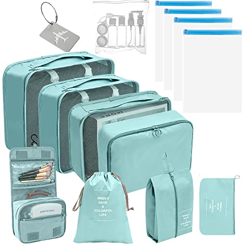 8pcs Compression Packing Cubes for Suitcases + 4pcs Compression Vacuum Storage Bags + Travel Dispenser Bottles Set, Luggage Packing Organizers Travel Accessories (blue)