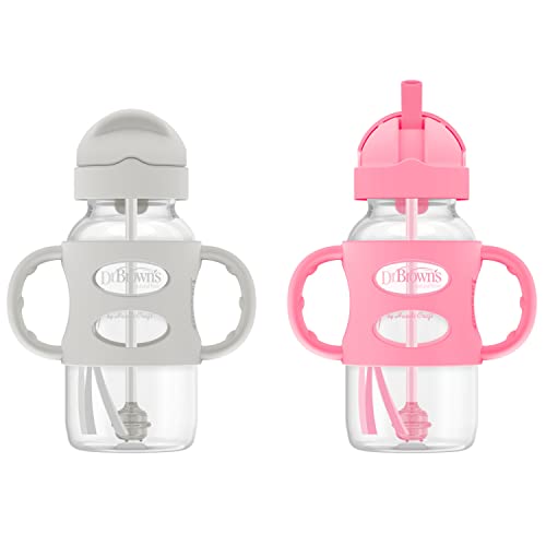 Dr. Browns Milestones Wide-Neck Sippy Straw Bottle with 100% Silicone Handles, 9oz/270mL, Gray & Pink, 2 Pack, 6m+
