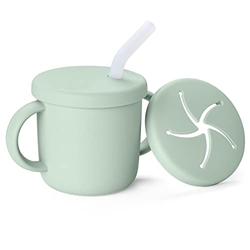 TotAha Silicone Straw Cup for Baby | Sippy Cups for Babies 6-12-18 Month | Sip-N-Snack Lid 2-in-1 Transition Cup from Bottle | Open Training Cups with Easy-Hold Handle | Baby Led Weaning Snack Cups