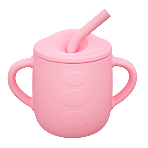 TopEsct Silicone Toddler Straw Lid Cup, 100% Silicone Developmental Baby-Led Weaning Drinking Cups for Toddlers , 6 OZ Weighted Shatterproof Baby Straw Cups with Lid - 4 months+(PINK)