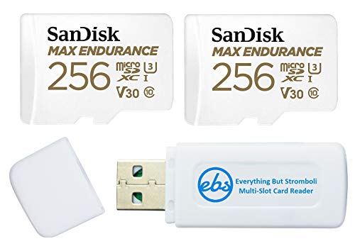 SanDisk MAX Endurance Video Card 256GB (2 Pack) MicroSDXC Card for Dash Cams & Home Security Systems (SDSQQVR-256G-GN6IA) Class 10 Bundle with 1 Everything But Stromboli Micro & SD Memory Card Reader