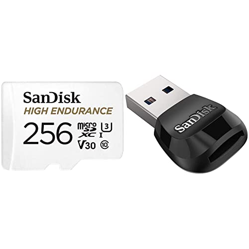 SanDisk 256GB High Endurance Video microSDXC Card with Adapter for Dash Cam and Home Monitoring Systems - C10, U3, V30, 4K UHD, Micro SD Card & MobileMate USB3.0 microSD Card Reader - SDDR-B531-GN6NN