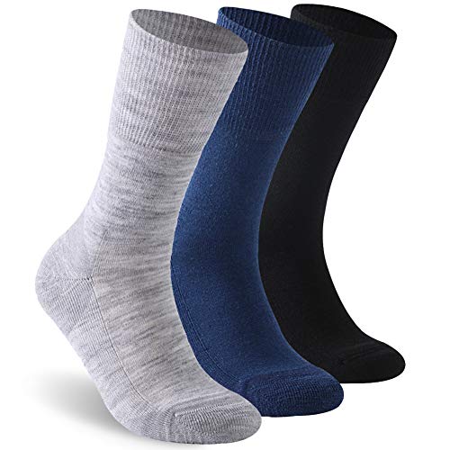 Facool Diabetic Socks for Men Women, Soft Merino Wool Light Non Binding Loose Top Quarter Long Socks, 3 Pairs Multicolor (Black, Light Grey, Navy Blue), US Women 8.5-12 / US Men 7.5-11