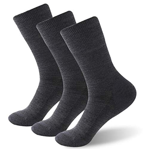 Forcool Merino Wool Crew Socks Diabetic, Mens Womens Non Binding Loose Top Cushioned Sole Non Blister Diabetic Socks Edema Socks Dress Socks Wide with Seamless Toe, 3 Pairs Dark Gray Large