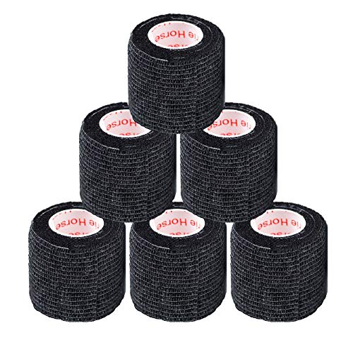 2 Inch Vet Wrap Tape Bulk (Black) (Pack of 6) Self Adhesive Adherent Adhering Flex Bandage Grip Roll for Dog Cat Pet Horse