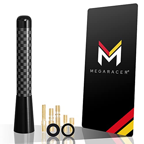 Mega Racer 3" 76 mm Carbon Fiber Polished Finish Black Short Automotive Antenna with Internal Copper Coil AM FM Compatible for Car and Truck Vehicle, 1 Piece