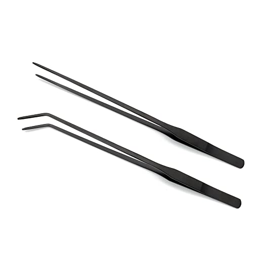 2 Pcs Reptile Feeding Tongs, Super Thick Stainless Steel Forceps Curved and Straight Long Tweezer for Snakes, Reptile, Lizards, Gecko, Spider, Aquarium (Black 10.5 inches)