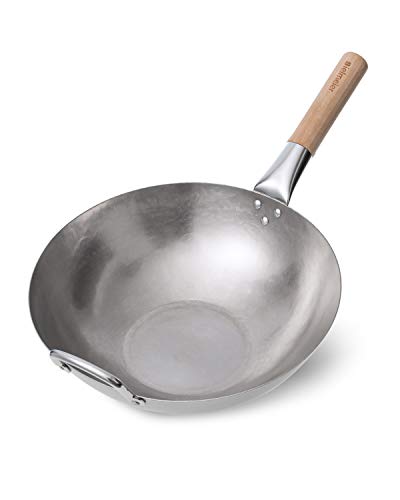 Bielmeier 13.4 inch Traditional Carbon Steel Pow Wok, Hand Hammered Woks and Stir Fry Pans, Flat Bottom Wok Pan with Wooden and Steel Helper Handle