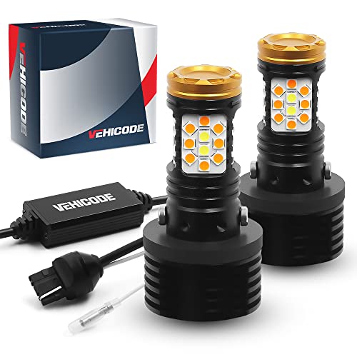 VEHICODE 7440 Switchback LED Bulb with Built in Resistor White Amber T20 7440A 7440NA W21W WY21W 992 CANBus Error Free Anti Hyper Flash Turn Signal Light Headlight DRL (2 Pack)