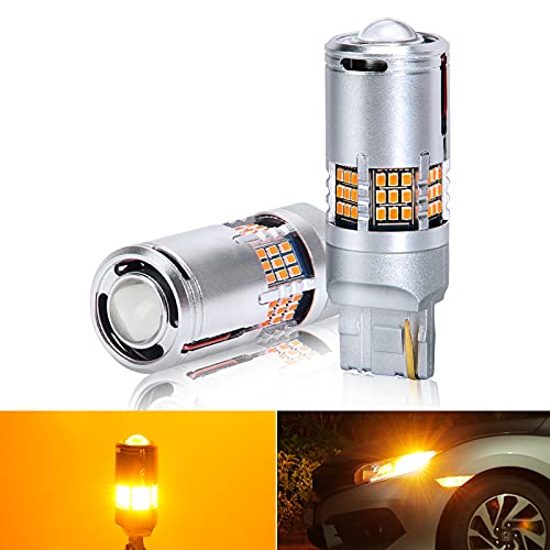 MIRUNNY Newest 7440 Switchback LED Light Bulbs Built-in Canbus Resistors & Fan,1200 Lumens 54-SMD 27W/ Projector Replacement for Turn Signal Lights, Amber Yellow