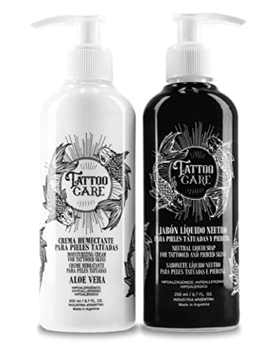 Tattoo Aftercare Kit. Cream & Soap. 6.7 fl oz each. Heals + Protects + Brightens New & Old Tattoos. Vitamin A & E, Petroleum-free, Paraben-free. Tattoo Soap, Brightening, Moisturizer, Enhancing Cream.