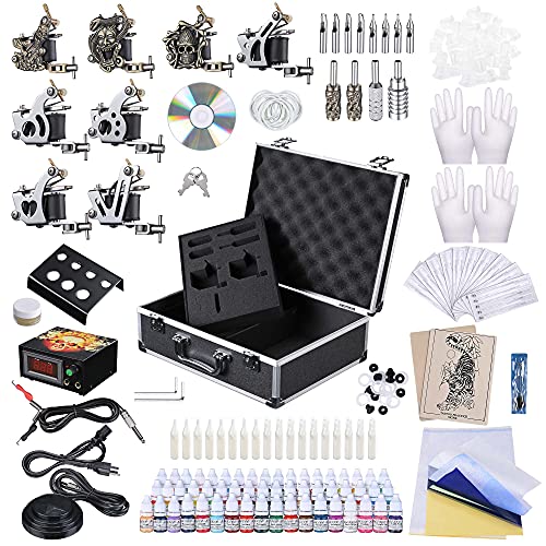 AW Tattoo Machine Kit Complete 8 Machine Guns 54 Color Ink Power Supply Professional Equipment Foot Pedal Needles Grips Carry Case for Tattoo Artists Apprentice