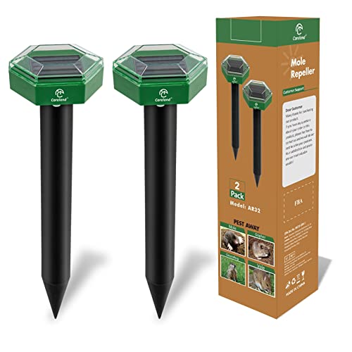 Careland Mole Repellent Stakes Solar Powered Ultrasonic Gopher Deterrent Groundhog Repeller Sonic Spikes Outdoor Vole Control Chaser for Lawn and Garden Waterproof (2)