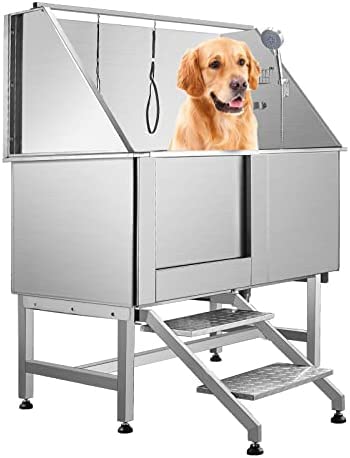 Over-Size Dog Grooming Bathtub Station Large Dogs 50 inch Stainless Steel Dog Washing Station Pets Bathing Tub Professional Commercial Pet Grooming Tub Station for Home with Walk-in Steps