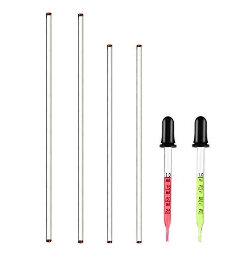 4PCS Glass Stir Sticks Lab Glass Stirring Rod 8"X2 10"X2 with Both Ends Round and 2PCS Glass Graduated Droppers 4"X2 for Science Lab, Kitchen Science Education (6)