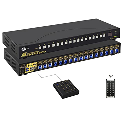 CKLau 16 Port Rack Mount USB 3.0 KVM Switch HDMI 4K60Hz with Audio, Cables, and 2 pcs USB 3.0 Hub for 16 Computers Sharing Single Monitor Supports Hotkey Switching