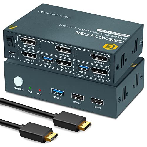 USB 3.0 KVM Switch Dual Monitor DisplayPort 4K@60Hz, 2 Port DP KVM Switch 2 Monitors 2 Computers with USB 3.0 Port, Support Button Switch 2 PCs Share USB Devices, with 4 DP Cables and 2 USB3.0 Cables