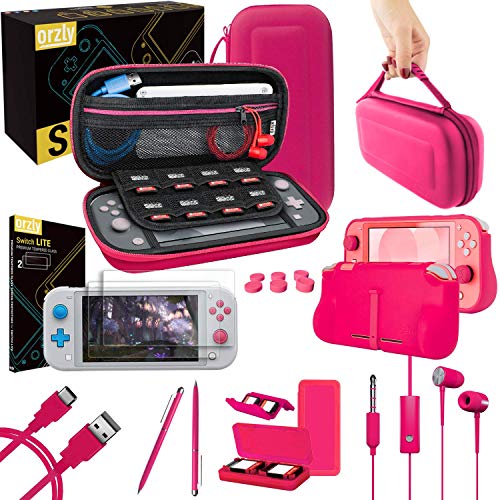 Orzly Accessories Bundle for Switch Lite - Case & Screen Protector for Nintendo Switch Lite Console, USB Cable, Games Holder, Comfort Grip Case, Headphones, Thumb-Grip Pack & More - Pink