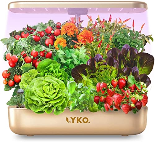 Hydroponics Growing System 12 Pods,LYKO Indoor Garden w/Full-Spectrum 36W Grow Light,Indoor Herb Garden Automatic Timer,Height Adjustable 3.5L Water Tank, Gifts for Women (Gold)