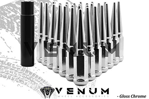 Venum wheel accessories 32 Pc Powder Coated Chrome W/Clear Coat Spike Lug Nuts | M14x1.5 | 4.5 inch Tall | 1 Piece Construction | for 1999-2020 Silverado Sierra 2500 HD 3500HD 8x6.5 8x180MM 8x210MM