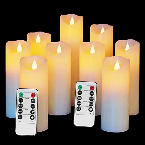 Flameless Candles Set of 9 Ivory Dripless Real Wax Pillars Include Realistic Dancing LED Flames and 10-Key Remote Control with 24-Hour Timer Function 400+ Hours by 2 AA Batteries (Ivory)