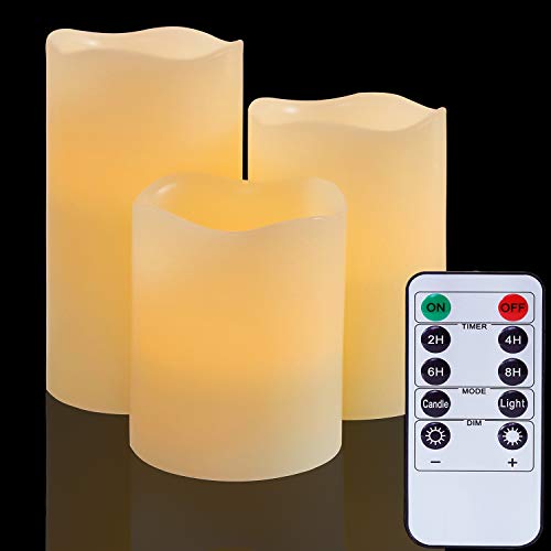 Flameless Battery Operated LED Candles:Real Wax Flickering Electric Candle with Remote Control and Timer Function for Decoration Christmas Wedding Birthday Party Outdoor Garden(Pack of 3,Ivory)