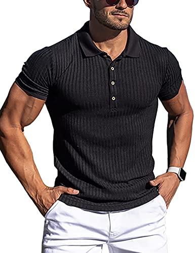 URRU Men's Muscle T Shirts Stretch Short Sleeve Workout Tee Casual Slim Fit Polo Shirt Black XL