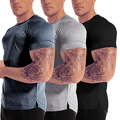 Men's 3pack Dry Fit Workout Gym Short Sleeve T Shirt Moisture Wicking Active Athletic Performance Running Shirts(BKGYDG M)