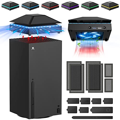 Cooling Fan Dust Cover for Xbox Series X Console, Cooling System with RGB Light, 3.0&2.0 USB Port, Dust Proof Filter, Low Noise Top Fan with 3 Gears, Rubber Dust Plugs, Series X Accessories