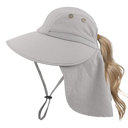 Muryobao Women's Sun Hat Outdoor UV Protection Foldable Packable Mesh Hat Wide Brim Summer Beach Fishing Cap with Neck Flap Light Grey