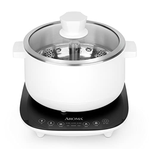 Aroma Housewares 2.5-Liter Smart Electric Hot Pot & Rapid Boil Steamer with Automatic Stainless Steel Steamer Basket Lift, White, ASP-700