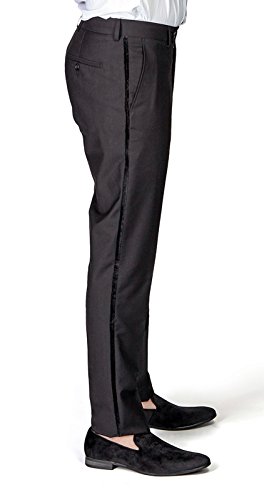 Slim Fit Tuxedo Pants Flat Front No Pleats Black Side Line AZAR (30 Waist 32 Length, Black Velvet Line)