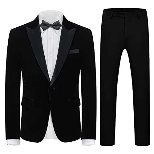 Mens Velvet Suits Slim Fit 2 Piece for Men Tuxedo Blazer Peaked Lapel One Button Dinner Stylish Jacket & Pants Suits Black