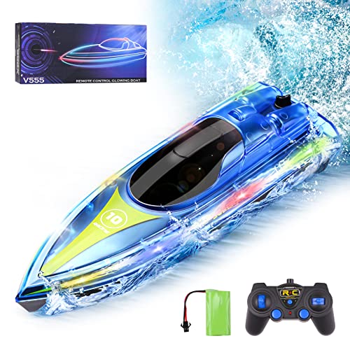 T.V.V Fashy RC Boat for Kids Ages 5-9, Remote Control Boat with LED Light for Pools and Lakes, 2.4GHz RC Boats for Kids 4-7 with Rechargeable Battery (Bule)