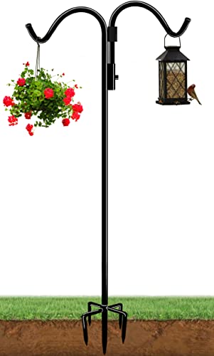 AnBaiMei 92 Inch Double Shepherds Hook for Outdoor with 5 Prong Base, Adjustable Heavy Duty Bird Feeder Pole for Hanging Flower Basket, Plant Hanger, Solar Light Lanterns, Black