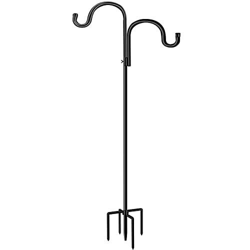 Double Shepherds Hook for Outdoor,78 Inch Bird Feeder Pole with 5 Prongs Base,Adjustable Heavy Duty Garden Hanging Holder for Hanging Plant,Solar Light,Weddings Decor,Hummingbird Feeder1 Pack