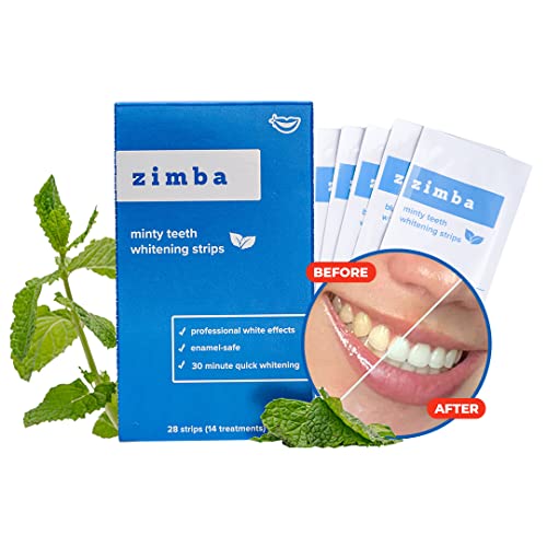 Zimba Teeth Whitening Strips Vegan Whitening Strip Enamel Safe Teeth Whitening Hydrogen Peroxide Teeth Whitener for Coffee, Wine, Tobacco, and Other Stains, 28 Strips (14 Day Treatment), Mint