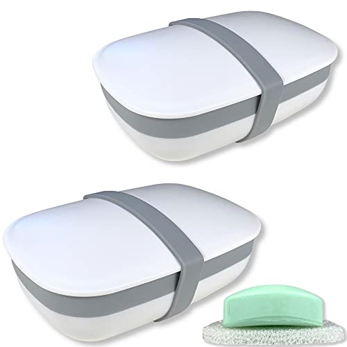 Kiasona 2Pack Travel Soap Box,soap Bar Holder Dish Container Case with Sponge Saver&Silicone Band,Strong Sealing,Leak Proof,Portable,Best for Bathroom,Gym,School,Camping,Hiking,Vacation(Pack of 2)