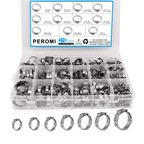 PEROMI 170 Pcs Single Ear Hose Clamp, 11 Sizes 1/4-1 Inch Stepless Stepless Cinch Rings Crimp Assortment Kit for Water Pipe, Plumbing and Automotive Use