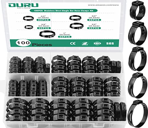 OURU 100pcs Black Pex Clamps Crimp Rings Assortment Kit,304 Stainless Steel Single Ear Hose Clamps 5 Size-3/8",1/2",5/8",3/4"and1",Pex Cinch Pinch Clamps for Pex Pipe Tubing Fitting Connections(Black)