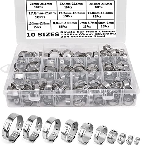 130Pcs 1/4" - 1-1/8" Single Ear Hose Clamp Hose Crimp Clamps Ear Crimp Rings Ear Stepless Hose Clamp Pinch Clamps for Hose Pipe Clamp Tools (10 Sizes 6-28.6mm )