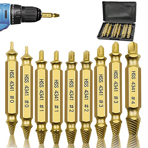 9 Pcs Damaged Screw Extractor Kit, Miuudby HSS 4341 Material Damaged & Stripped Screw Extractor Set For Easy Out And Speed Out Remover Common Size of Broken Tool And Titanium Extractor Drill Bit, Gold