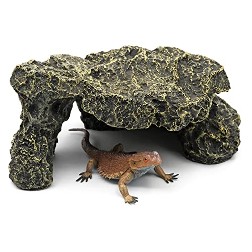 PAULOZYN Reptile Cave Resin Rock Basking Platform Hiding Habitat Fish Tank Decor Hideout Shelter for Chameleon Turtle Bearded Dragon Tortoise Lizards Betta Fish Shrimp Cichlid Play Hiding Breeding