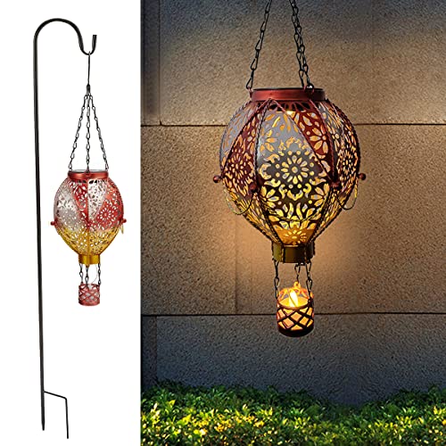 Hot Air Balloon Solar Lantern - Solar Pathway Lights Outdoor Waterproof Shepherd Hook with Hanging Decorative Metal LED Lantern Solar Lights for Garden Patio Pathway Yard Porch Decor