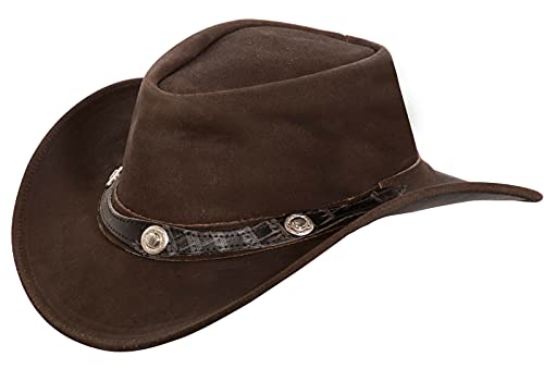 Men's Australian Western Cowboy Style Suede Leather Outback Wide Brim Brown Bush Hat M