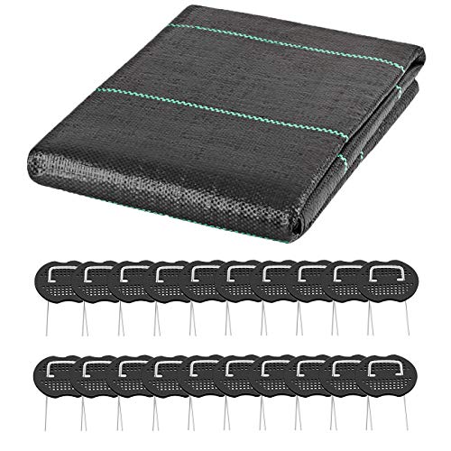 ANGTUO Garden Weed Barrier Landscape Fabric Heavy Duty Thick and Durable Ground Cover Woven Weed Block Control Fabric Gardening Mat with 20Pcs Sod Staples and Pads 6.56ft x 16.4ft