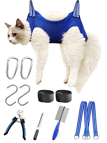 Kkiimatt 10 in 1 Pet Grooming Hammock Harness with Nail Clippers/Trimmer, Cat&Dog Nail Clipper Hammock, Cat&Dog Grooming Sling for Small Animals Nail Trimming/Clipping (XXS/Under 10lb Blue)