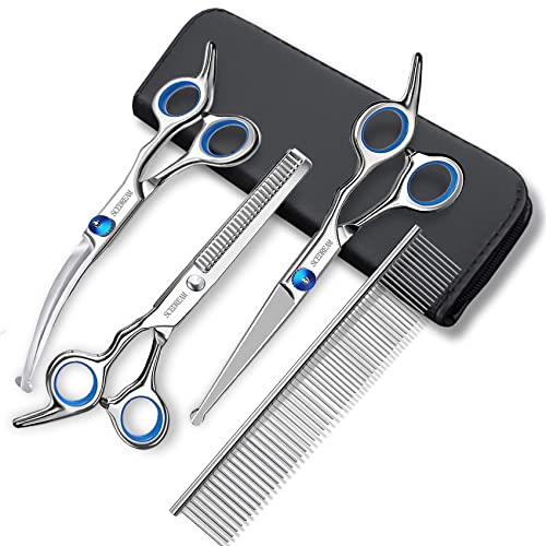 SCEDREAM Dog Grooming Scissors for Dogs with Safety Round Tips, 5 in 1 Dog Scissors for Grooming, Curved Dog Grooming Scissors,Professional Pet Grooming Shears Set for Dogs and Cats