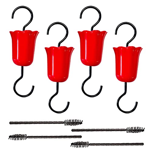 SETHOUS 4PCS Ant Guard for Hummingbird Feeder 4 Moats and 4 Cleaning Brushes Ant Moat Flower Bird Feeder Hanging Hook Outdoor, Red